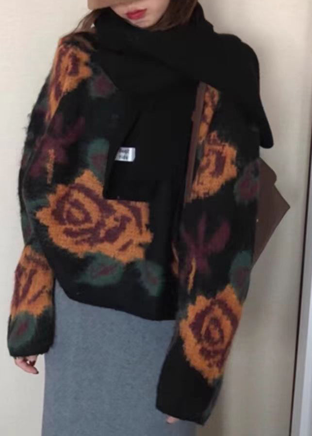 French Black O Neck Floral Jacquard Knit Sweater Tops Spring TN027