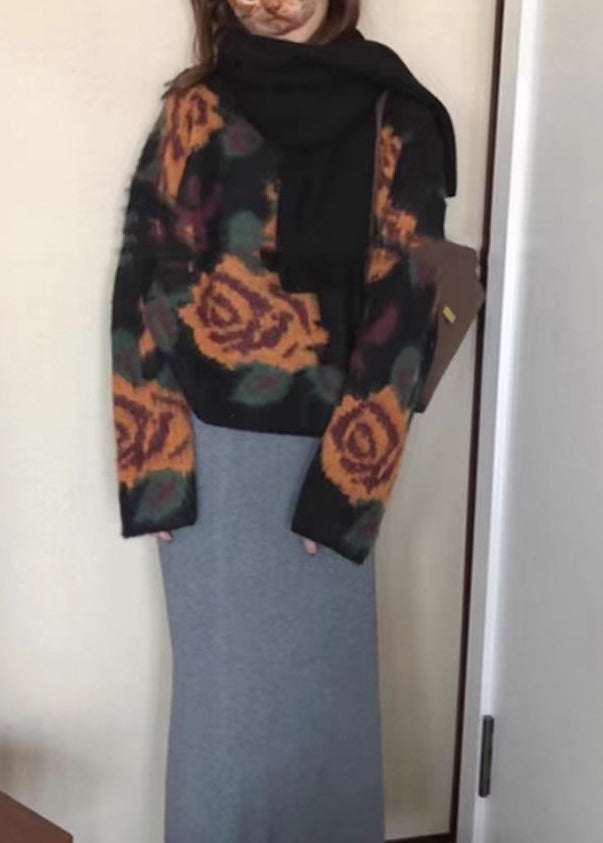 French Black O Neck Floral Jacquard Knit Sweater Tops Spring TN027