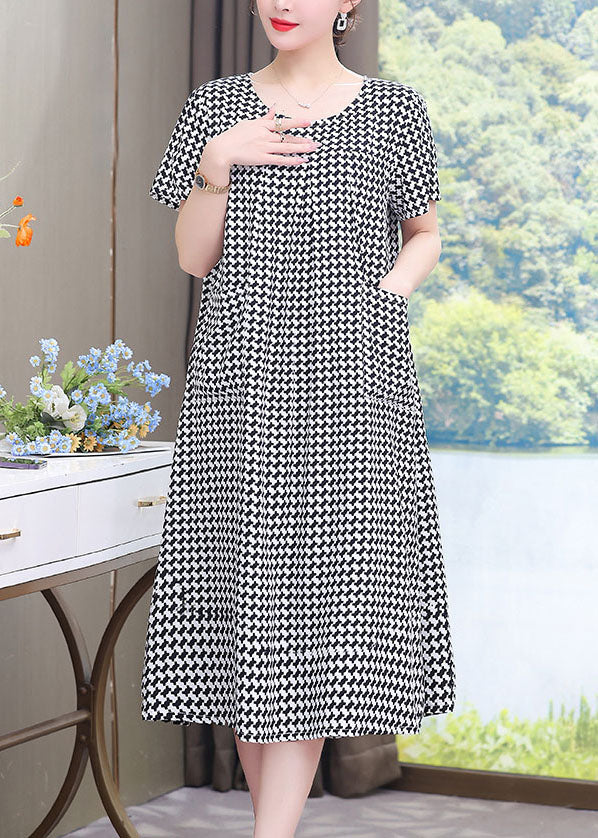 Robe longue patchwork à carreaux noire à col rond pour l'été VB1052