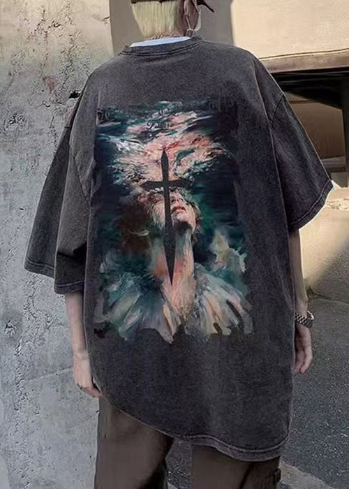 O Cotton Black Sleeve Men Shirt French Neck Half T Print