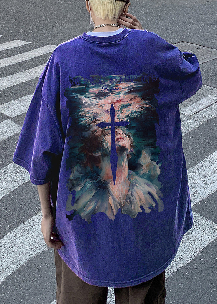 O Cotton Black Sleeve Men Shirt French Neck Half T Print