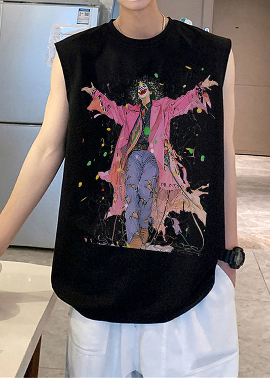 Tanks Print O-Neck Mens Black Sleeveless Cotton French