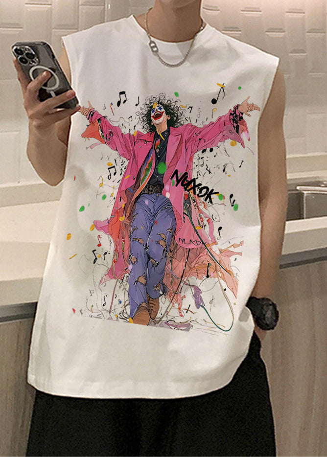 Tanks Print O-Neck Mens Black Sleeveless Cotton French