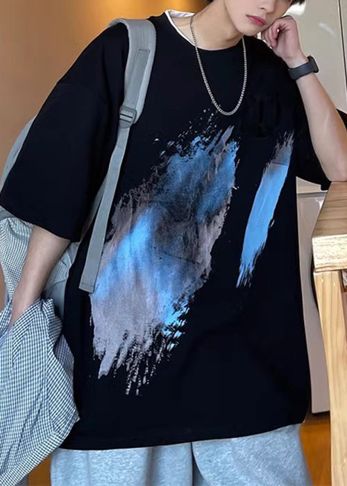 O French Black Shirt T Men Neck Summer Cotton Print Cozy