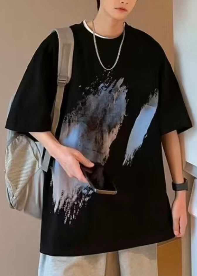 O French Black Shirt T Men Neck Summer Cotton Print Cozy