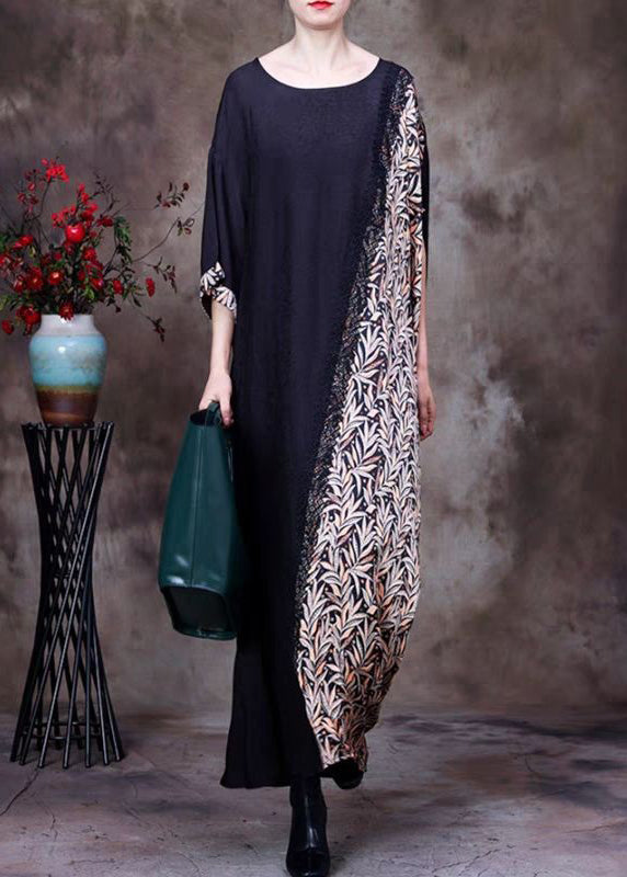 French Black O Neck Print Patchwork Silk Long Dresses Half Sleeve OP1039