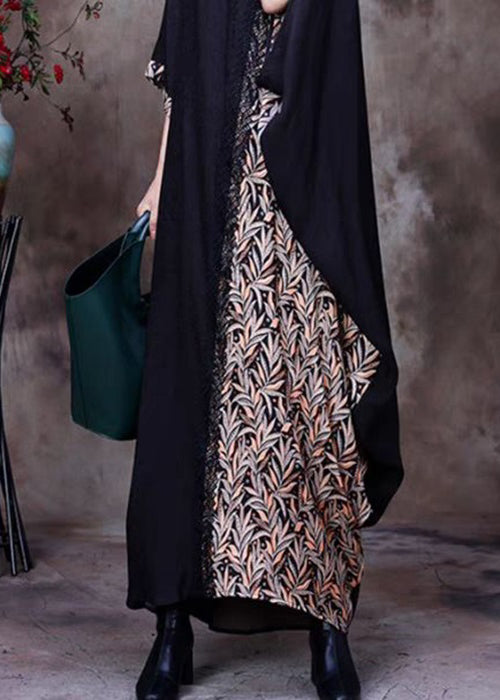 French Black O Neck Print Patchwork Silk Long Dresses Half Sleeve OP1039