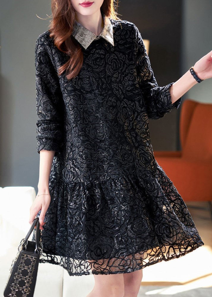 French Black Peter Pan Collar Patchwork Lace Dresses Spring RL003