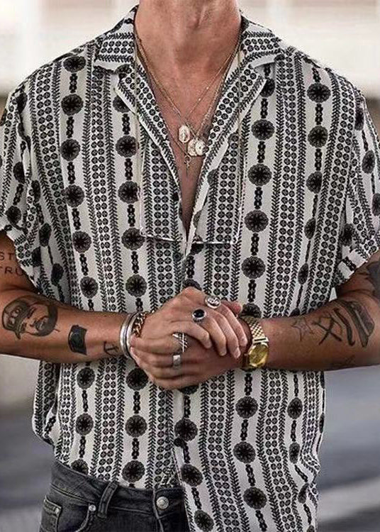 Print Shirt Black Pan Collar French Men Summer Cotton Peter