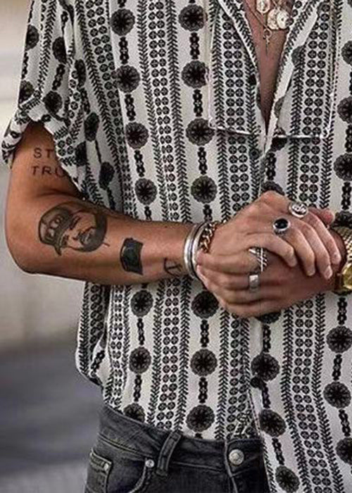 Print Shirt Black Pan Collar French Men Summer Cotton Peter