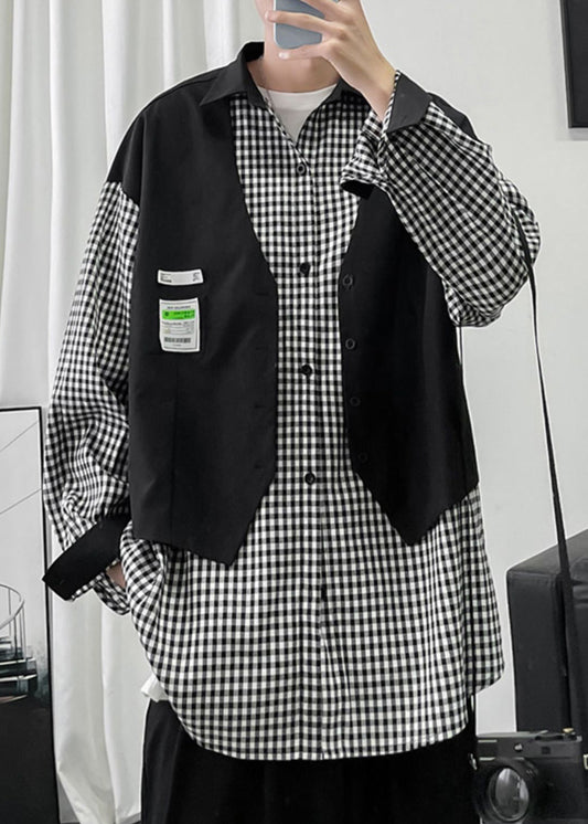 Shirts Cotton Pieces Black Plaid False Two Men French Patchwork