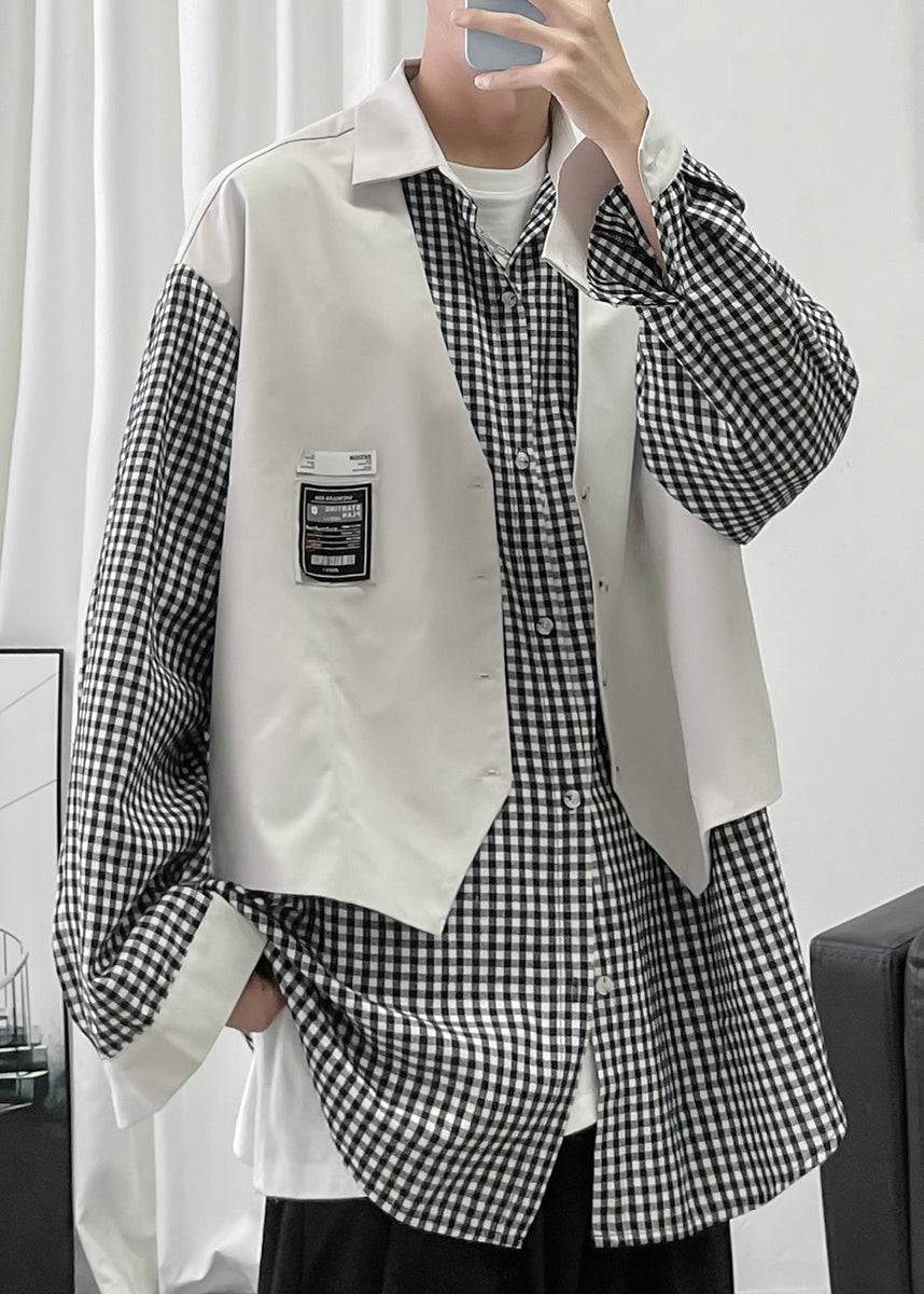 Shirts Cotton Pieces Black Plaid False Two Men French Patchwork