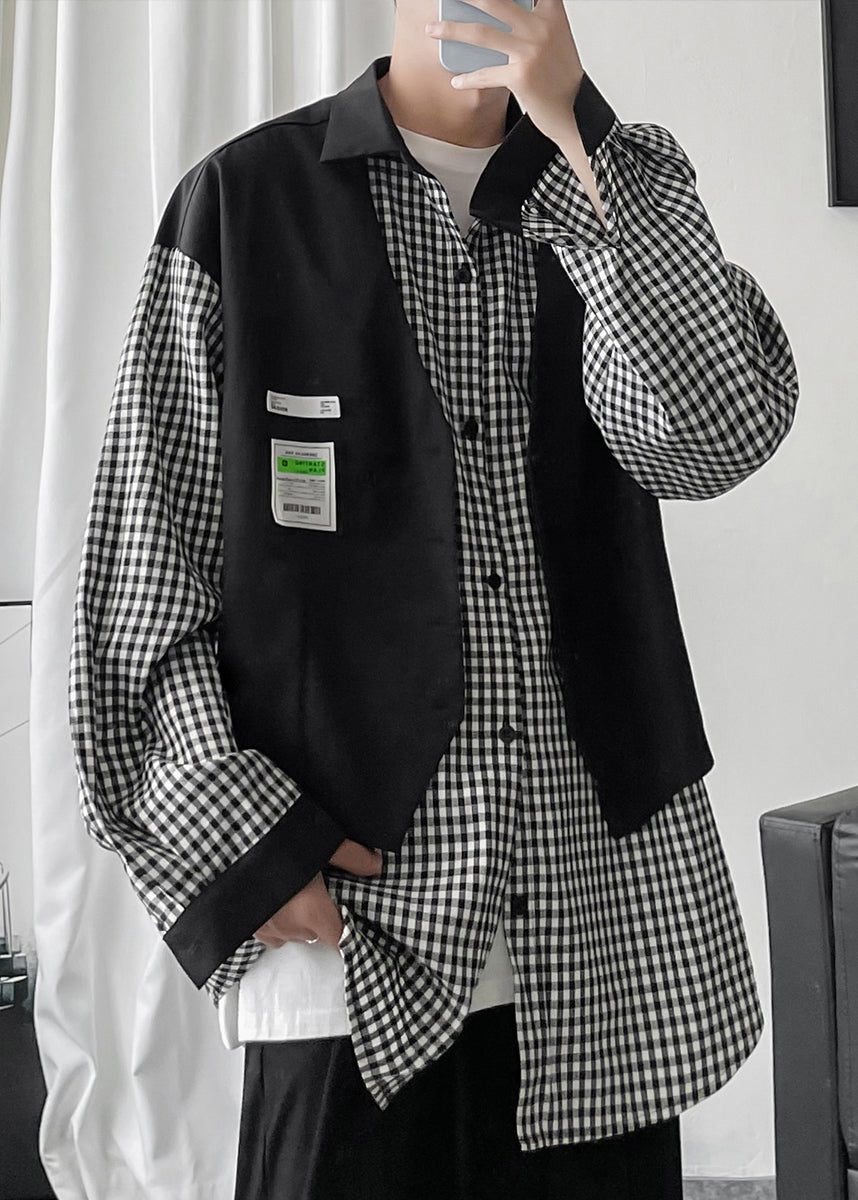 Shirts Cotton Pieces Black Plaid False Two Men French Patchwork
