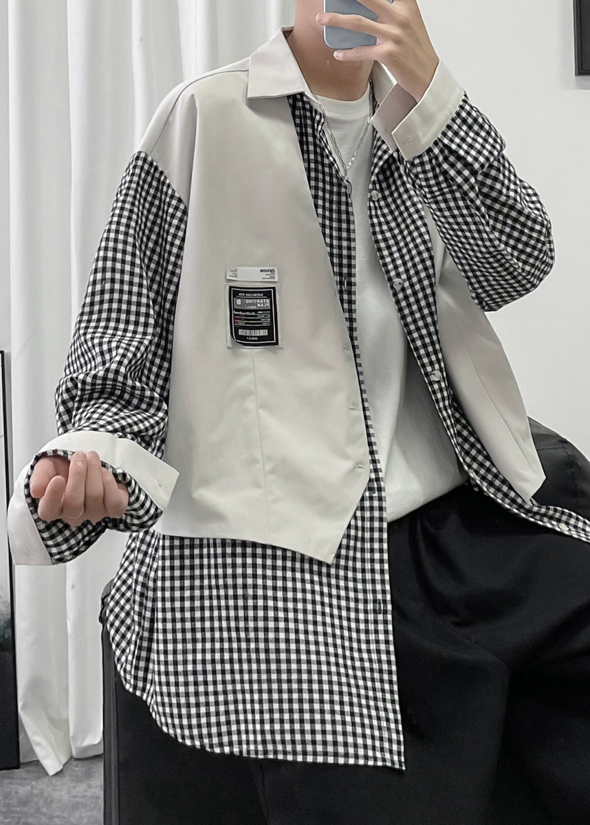 Shirts Cotton Pieces Black Plaid False Two Men French Patchwork