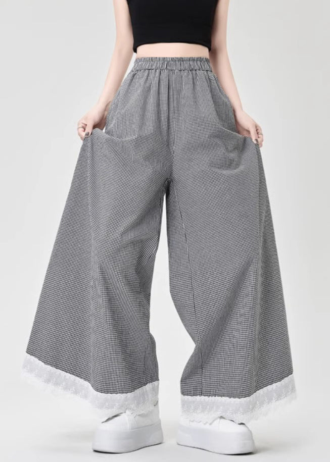 French Leg Lace Wide Cotton Patchwork Summer Pants Black Plaid