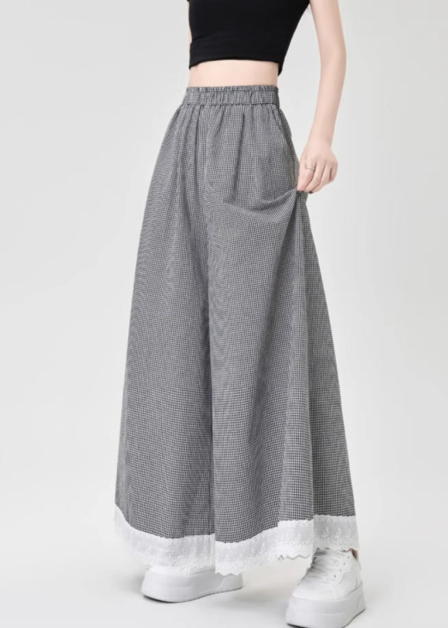 French Leg Lace Wide Cotton Patchwork Summer Pants Black Plaid