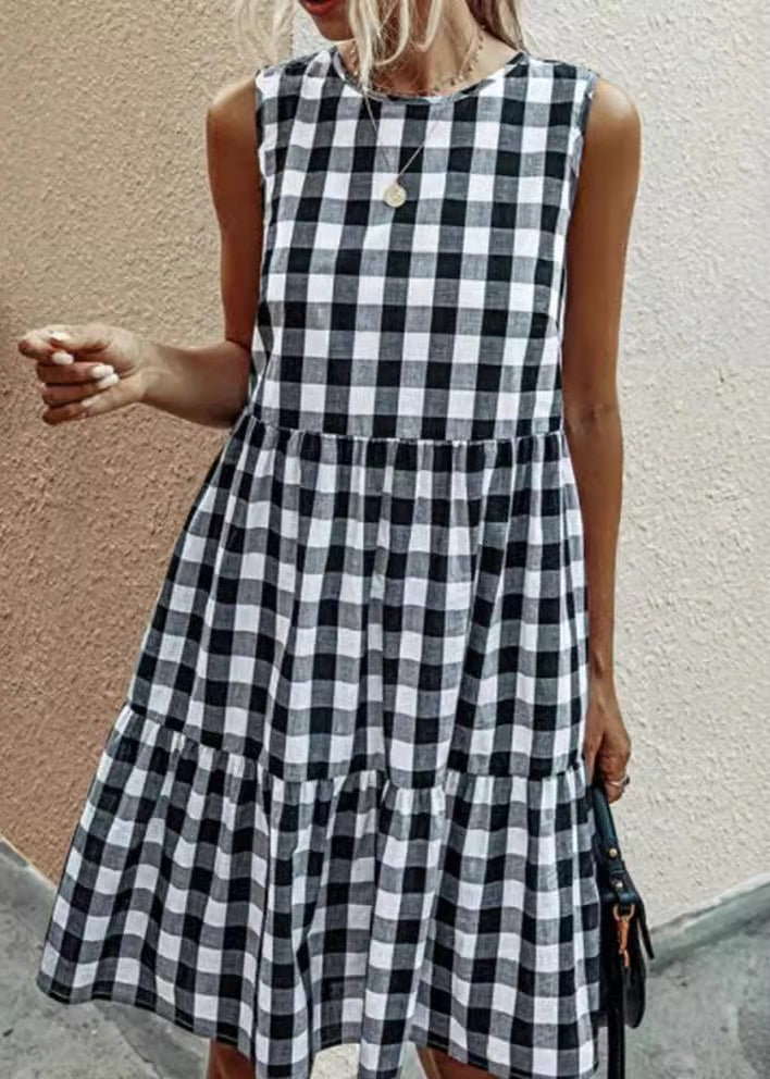 Sleeveless Black Cotton French Dress Pockets Plaid