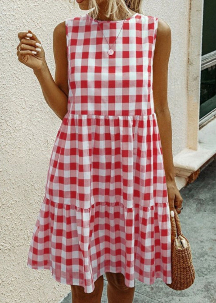 Sleeveless Black Cotton French Dress Pockets Plaid