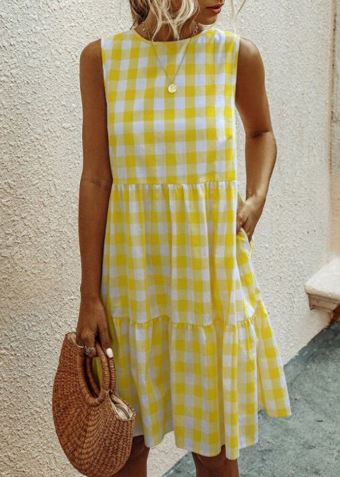 Sleeveless Black Cotton French Dress Pockets Plaid