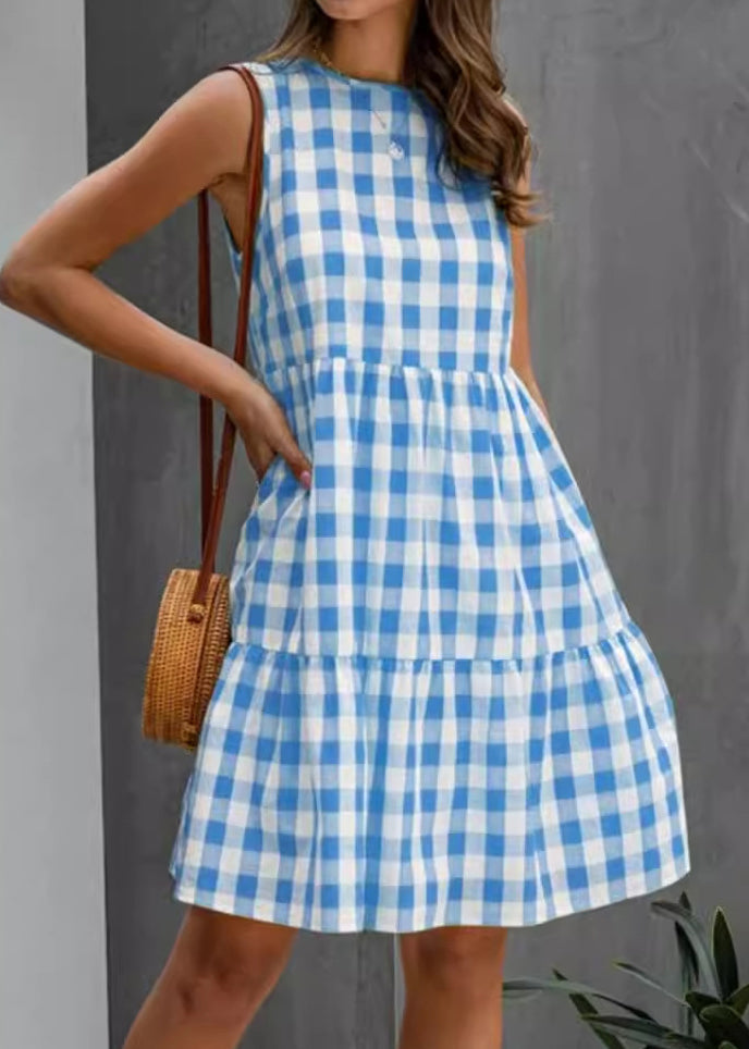 Sleeveless Black Cotton French Dress Pockets Plaid