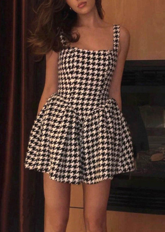 Plaid Mini Dresses Cotton Sleeveless Black Zippered French