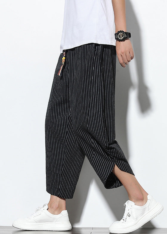 Cotton Men Waist Black French Harem Elastic Pockets Pants