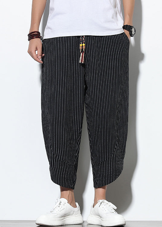 Cotton Men Waist Black French Harem Elastic Pockets Pants