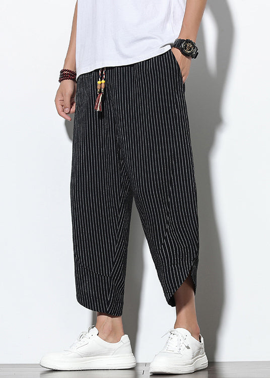 Cotton Men Waist Black French Harem Elastic Pockets Pants