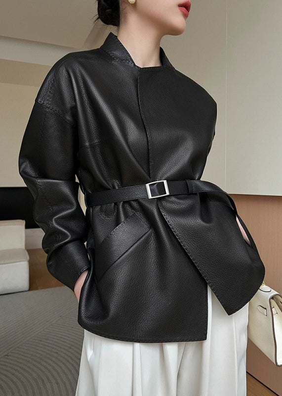 Black French Faux Spring Coats Pockets Leather Sashes
