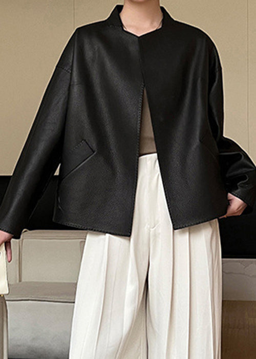 Black French Faux Spring Coats Pockets Leather Sashes