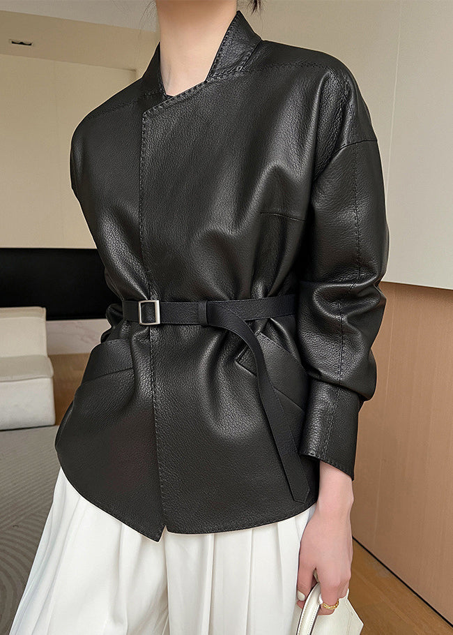 Black French Faux Spring Coats Pockets Leather Sashes