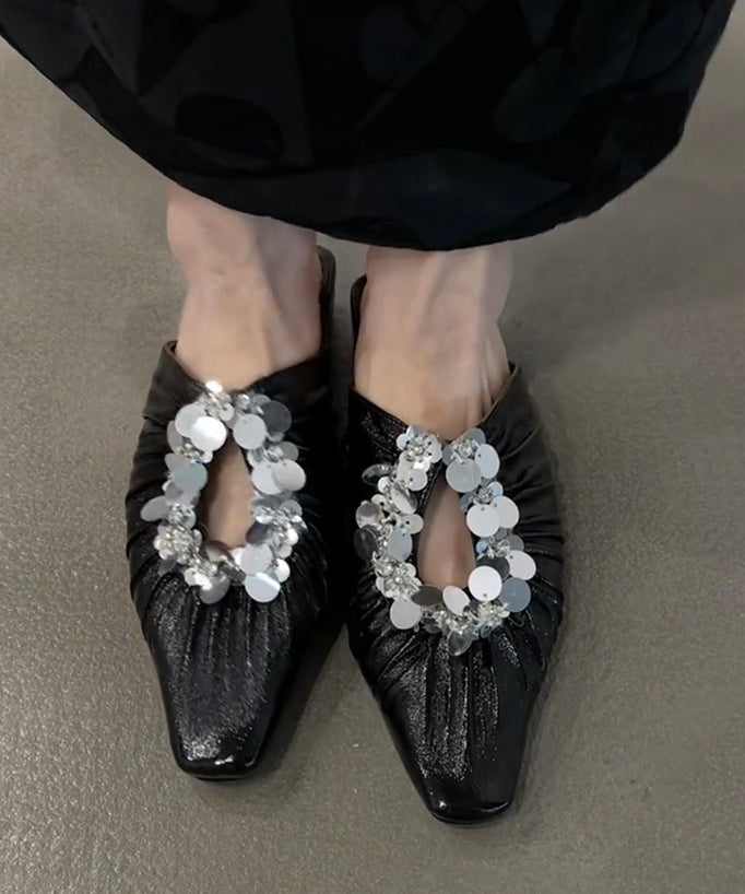 Slide Sandals Splicing Sequins Black French Wrinkled