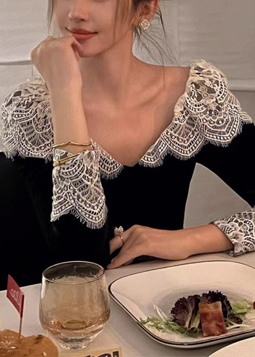 Spring Lace Black Velvet V Silk French Dresses Patchwork Neck