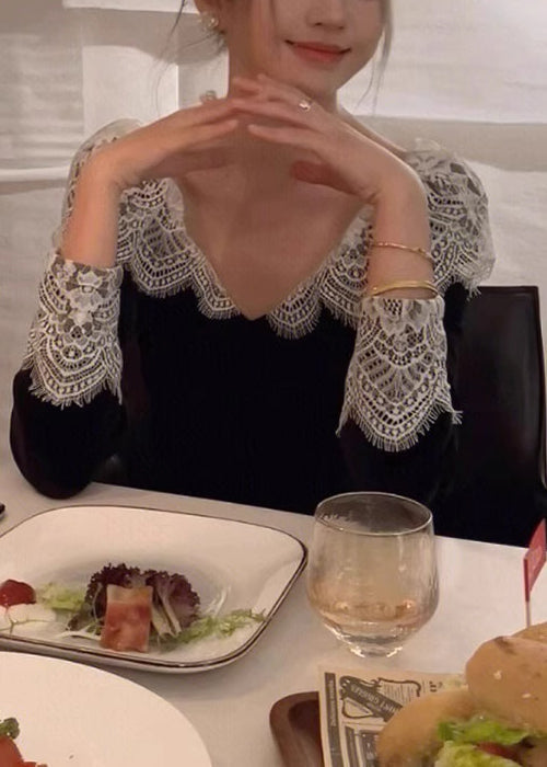 Spring Lace Black Velvet V Silk French Dresses Patchwork Neck