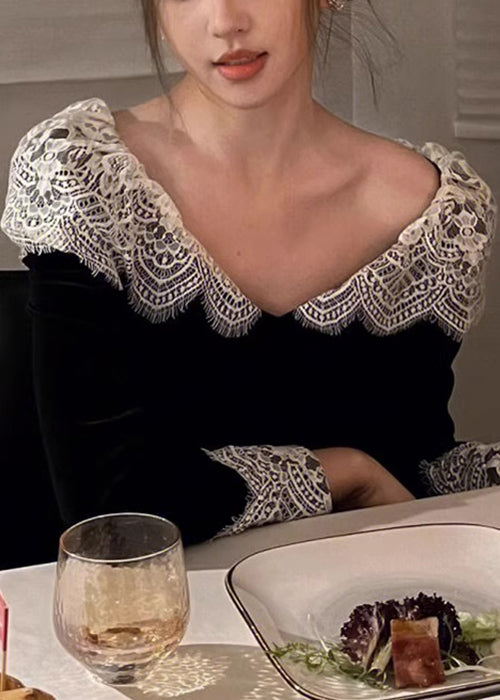 Spring Lace Black Velvet V Silk French Dresses Patchwork Neck