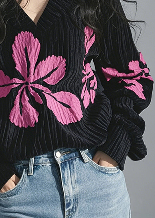 V Black Corduroy Neck Print Top Shirt T French Spring