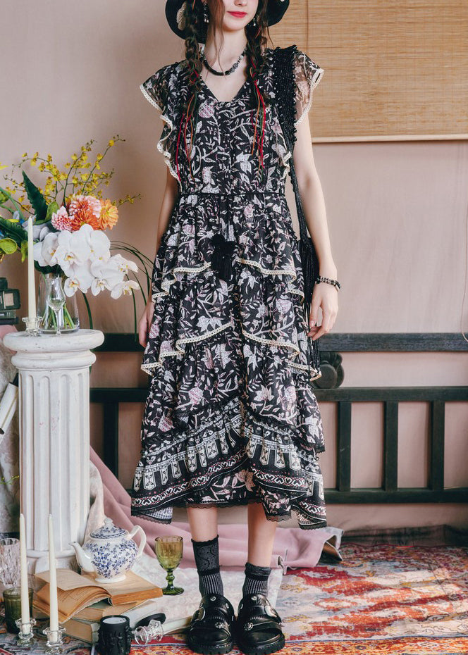 Black Waist French Summer V Dresses Print High Neck Chiffon Long