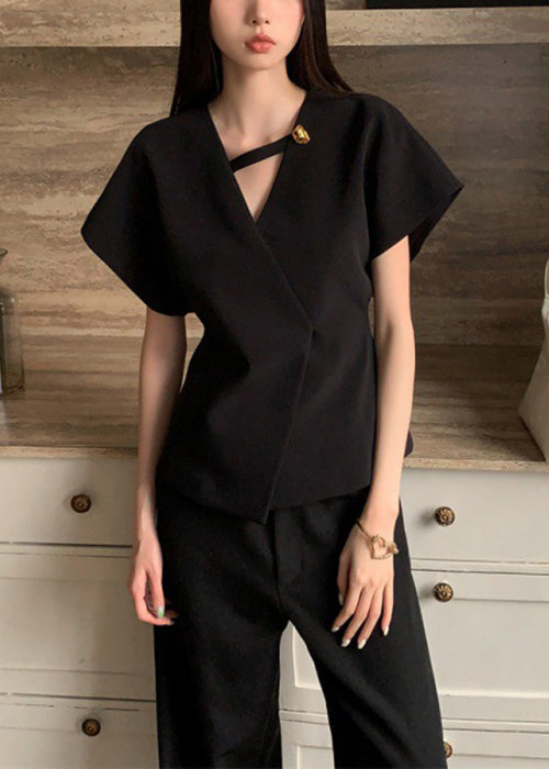 Black Solid V Neck Summer Shirt Spandex French