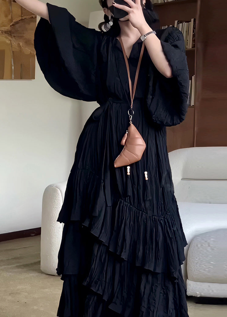 Fall Solid Cotton Wrinkled Long Neck Black Dress French V