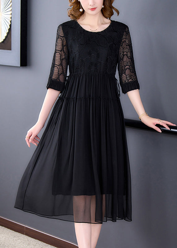 French Black Wrinkled Lace Up Chiffon Long Dress Half Sleeve OP1008