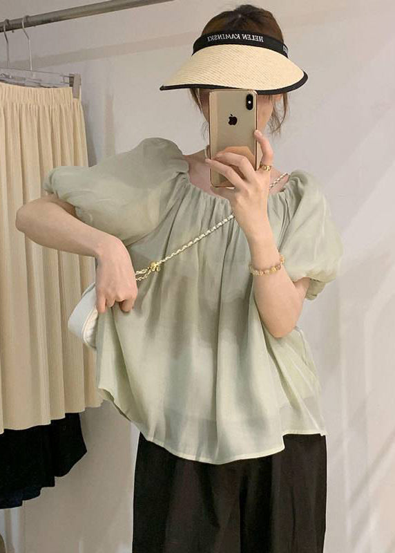 Tops Wrinkled French Puff Black Chiffon Sleeve
