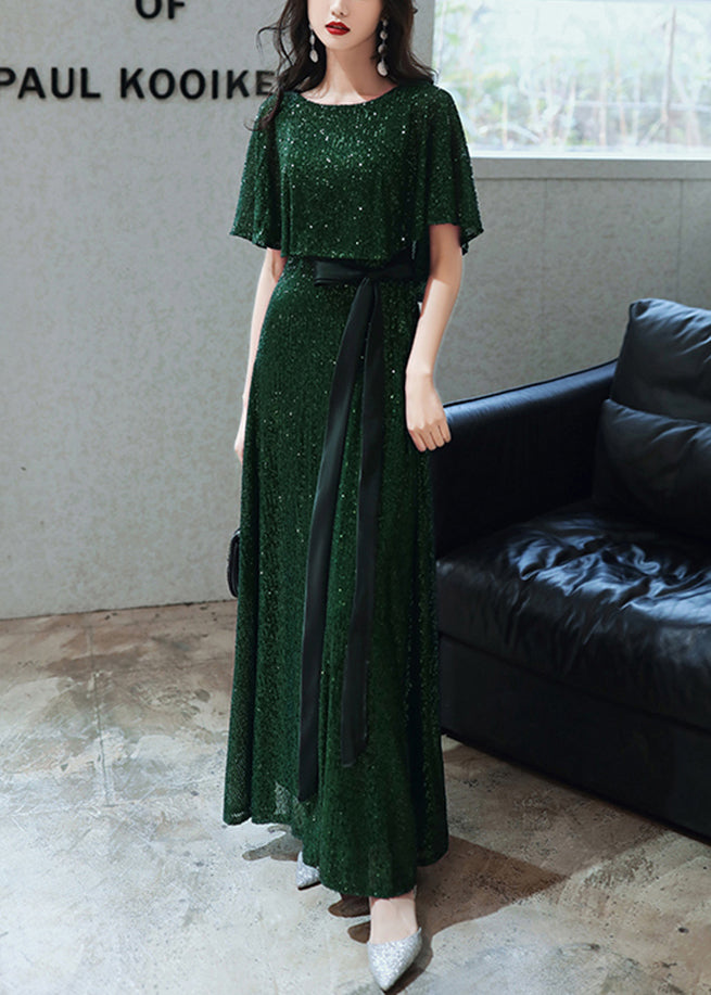 French Blackish Green Sequins Tie Waist Silk Vacation Dresses Summer YY019