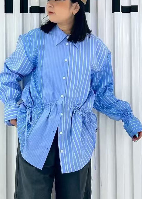 French Asymmetrical Striped Blue Cotton Shirts Spring