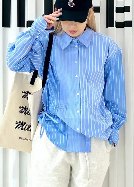 French Asymmetrical Striped Blue Cotton Shirts Spring