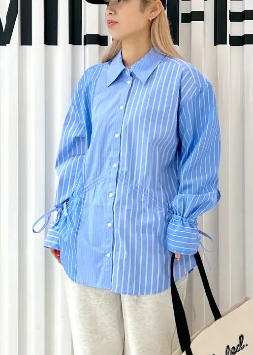 French Asymmetrical Striped Blue Cotton Shirts Spring