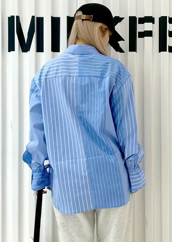 French Asymmetrical Striped Blue Cotton Shirts Spring