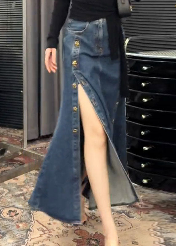Skirts Side Spring Open French Denim Button Blue