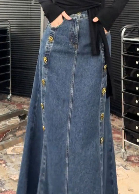 Skirts Side Spring Open French Denim Button Blue