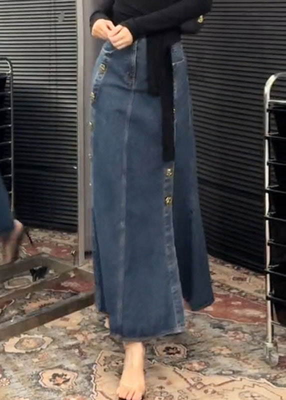 Skirts Side Spring Open French Denim Button Blue