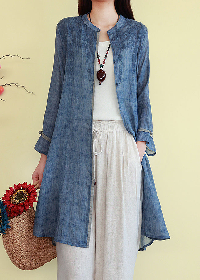 French Linen Blue Embroidered Fall Button Shirts